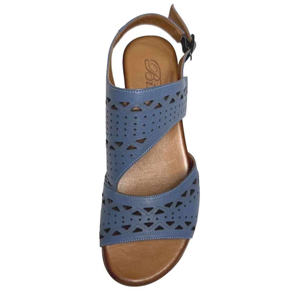 Biza Sandal 37 Leather Laser Cut Ladies US 6-6.5 Teal Cushioned Sole NWT
